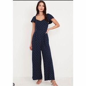 Old Navy Navy and White Polka Dot Flutter-Sleeve Jumpsuit